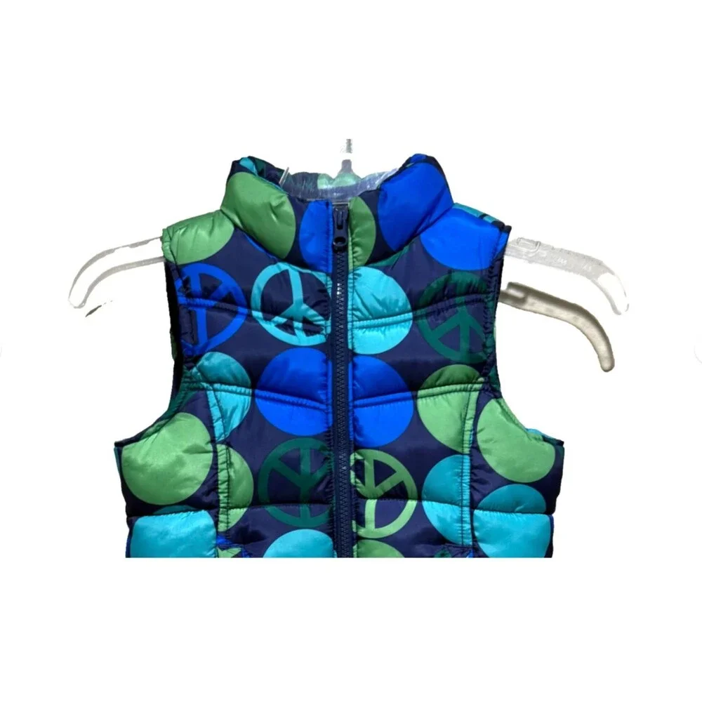 Old Navy Girls Puffer Vest XS Blue Green Peace Sign Bubble Y2K Retro Zip Coat